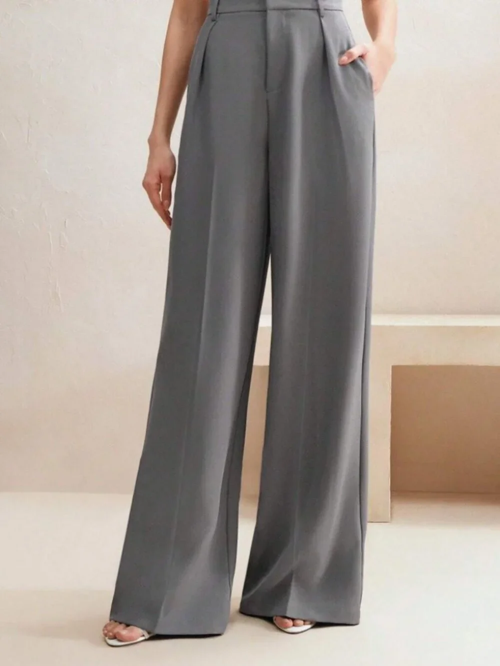 Gray Wide-Leg Suit Pants Tailored Trousers